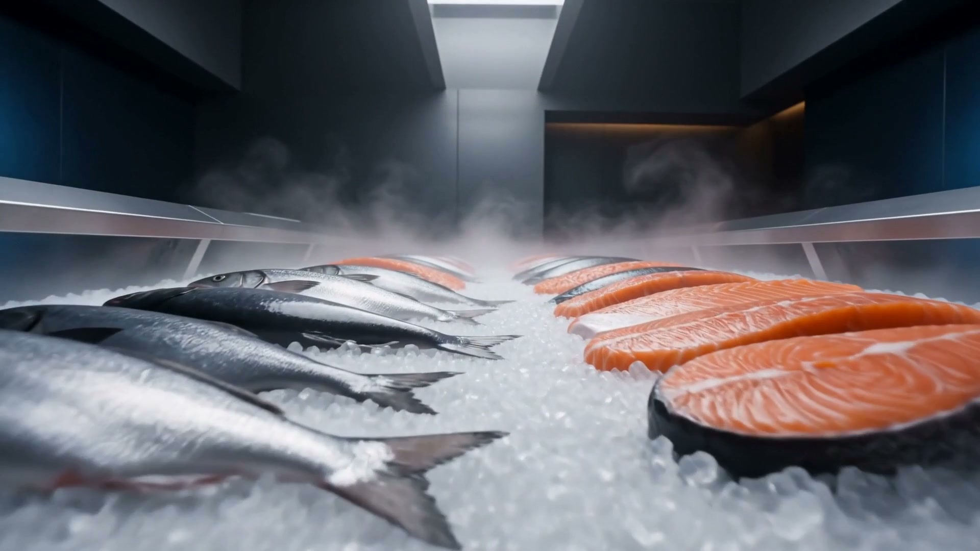 Bancada de peixes frescos sobre gelo